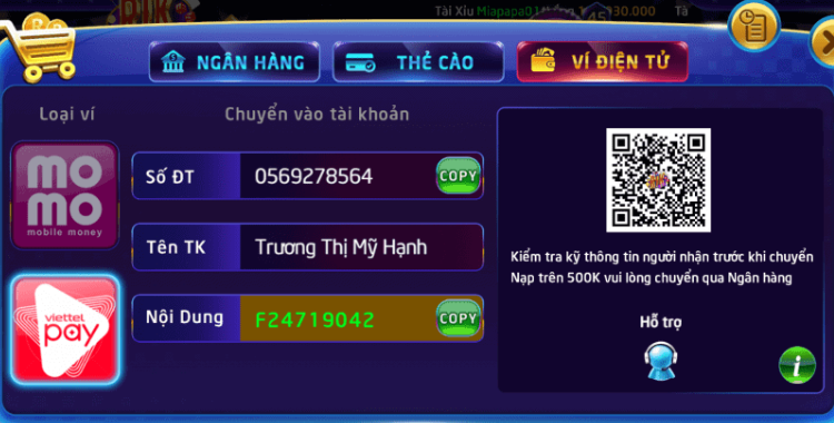 Nạp tiền qua ví điện tử