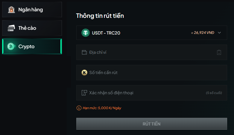 Rút tiền 12bet qua crypto